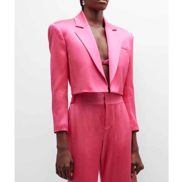 $495 Alice + Olivia Shan Satin Boxy Cropped Blazer in Pink - Picture 1 of 5